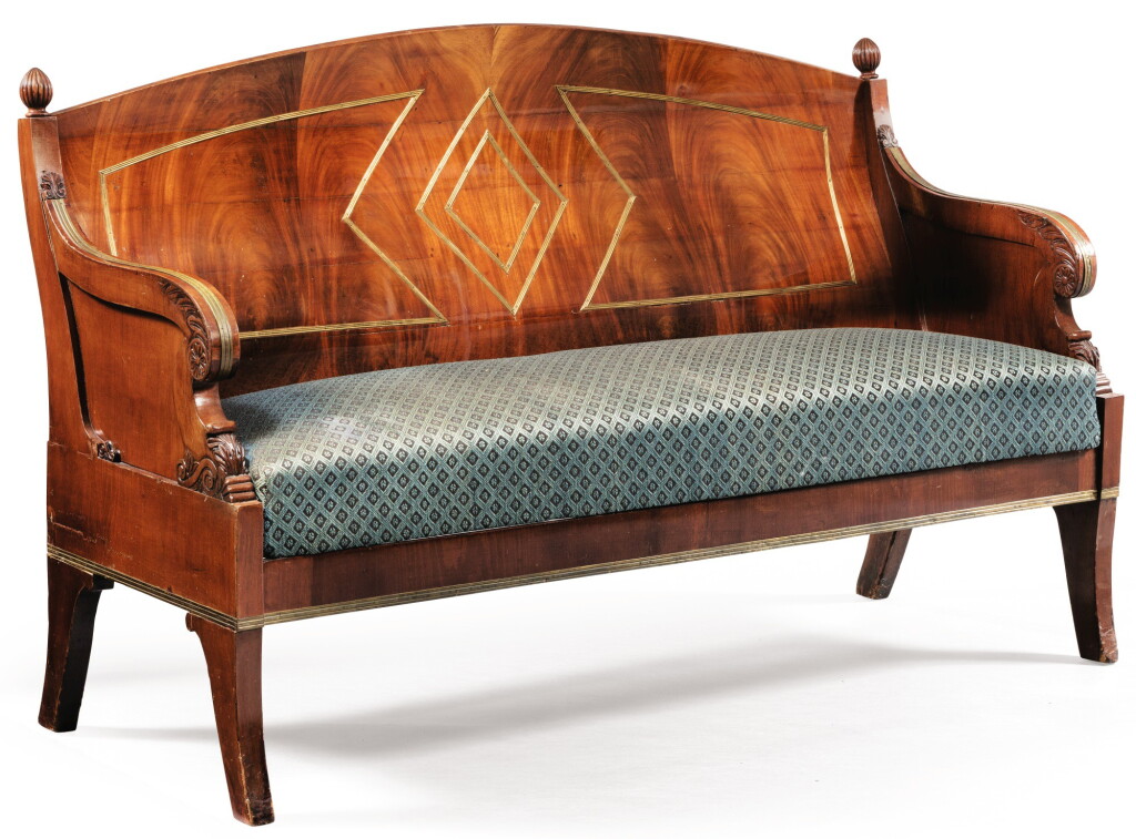 View full screen - View 1 of Lot 13. A MAHOGANY AND BRASS SOFA, AUSTRIAN WORK, EARLY 19TH CENTURY | CANAPÉ EN ACAJOU ET CUIVRE, TRAVAIL AUTRICHIEN DU DÉBUT DU XIXE SIÈCLE.