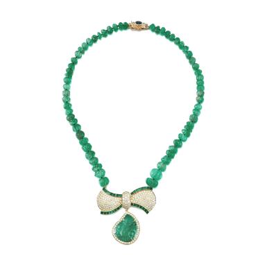 View full screen - View 1 of Lot 199. Emerald and diamond necklace .