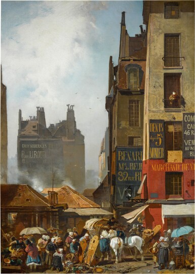 View full screen - View 1 of Lot 386. 'Souvenir de Paris': a market scene at Les Halles, Paris.
