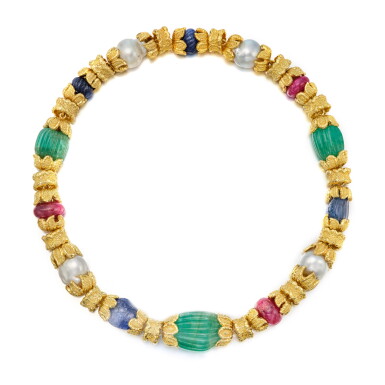 View full screen - View 1 of Lot 563. Gold, Cultured Pearl and Gem-Set Necklace.