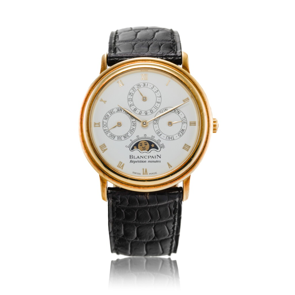 View full screen - View 1 of Lot 26. A yellow gold automatic minute repeating annual calendar wristwatch with moon phase, Circa 1985 | 寶珀 黃金自動上鏈三問年曆腕錶備月相顯示,約1985年製.