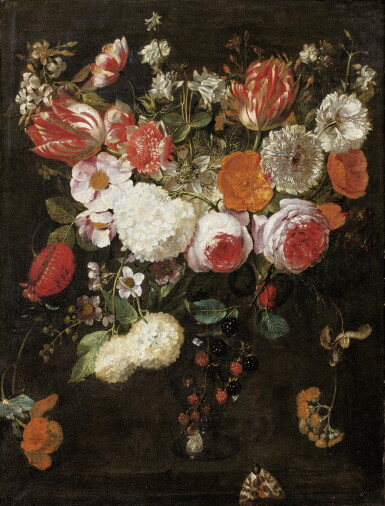 View full screen - View 1 of Lot 17. GASPAR PEETER VERBRUGGEN THE ELDER | STILL LIFE WITH ROSES, TULIPS AND OTHER FLOWERS IN A VASE TOGETHER WITH BLACKBERRIES AND A MOTH.