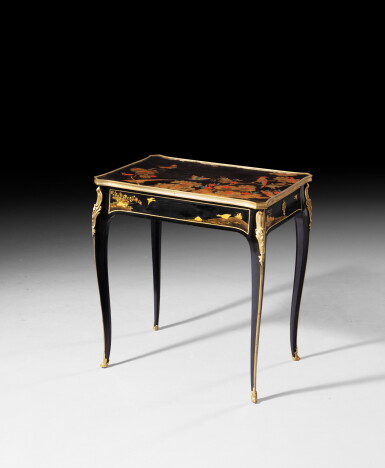 View full screen - View 1 of Lot 69. A Louis XV gilt-bronze mounted Chinese and Parisian lacquer writing table, stamped P. DENIZOT and JME, (regilt) | Table en laque de Chine, vernis parisien et bronze redoré d'époque Louis XV, estampillée P.DENIZOT et JME.