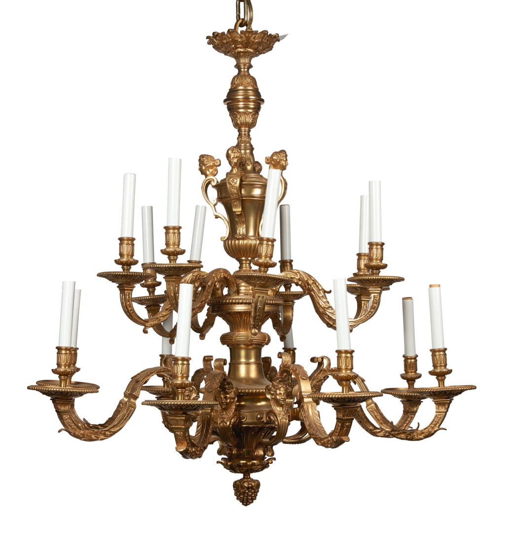 View full screen - View 1 of Lot 282. A LOUIS XIV STYLE GILT BRONZE SIXTEEN-LIGHT CHANDELIER.