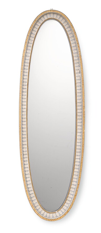 View full screen - View 1 of Lot 251. A pair of unusual George III style ivory and blue painted gesso and gilt mirrors, in the manner of Thomas Chippendale.
