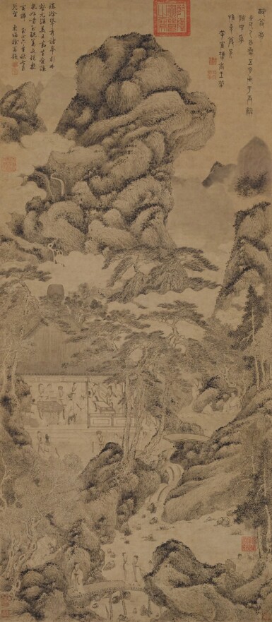 View full screen - View 1 of Lot 33. Qing dynasty, 18th century, After Wang Meng (c.1309-1385), The Pavilion of the Merry Venerables, Ink on paper, hanging scroll | 清十八世紀 (傳)王蒙 《醉翁亭圖》水墨紙本 立軸.