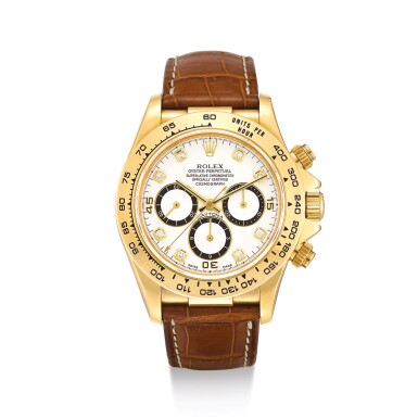 View full screen - View 1 of Lot 2232. ROLEX | COSMOGRAPH DAYTONA 'INVERTED 6', REFERENCE 16518 A YELLOW GOLD AND DIAMOND-SET CHRONOGRAPH WRISTWATCH, CIRCA 1991 " | 勞力士 | Cosmograph Daytona ‘Inverted 6’ 型號16518 黃金鑲鑽石計時腕錶,錶殼編號N436471,約1991年製".