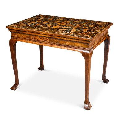 View full screen - View 1 of Lot 82. A Charles II walnut, ebony and bone marquetry table top on a George I walnut base, the top circa 1675 and almost certainly by Gerrit Jensen, the base circa 1720.
