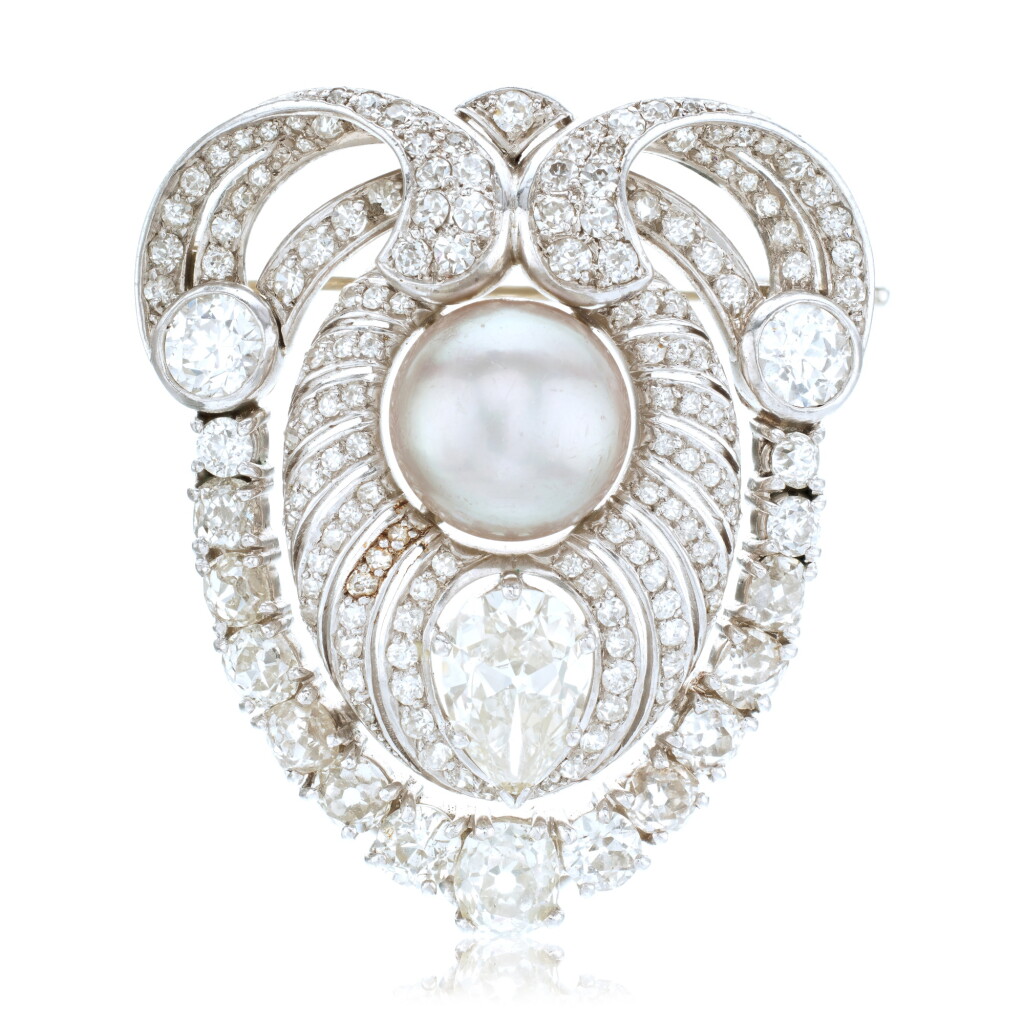 View full screen - View 1 of Lot 628. Natural Pearl and Diamond Brooch.
