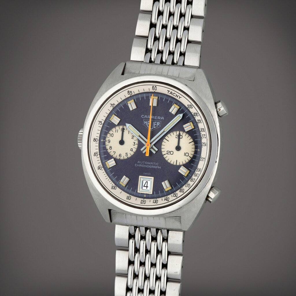 View full screen - View 1 of Lot 314. Carrera 'Mick Jagger', Reference 1153 | A stainless steel chronograph wristwatch with date and bracelet | Circa 1971.