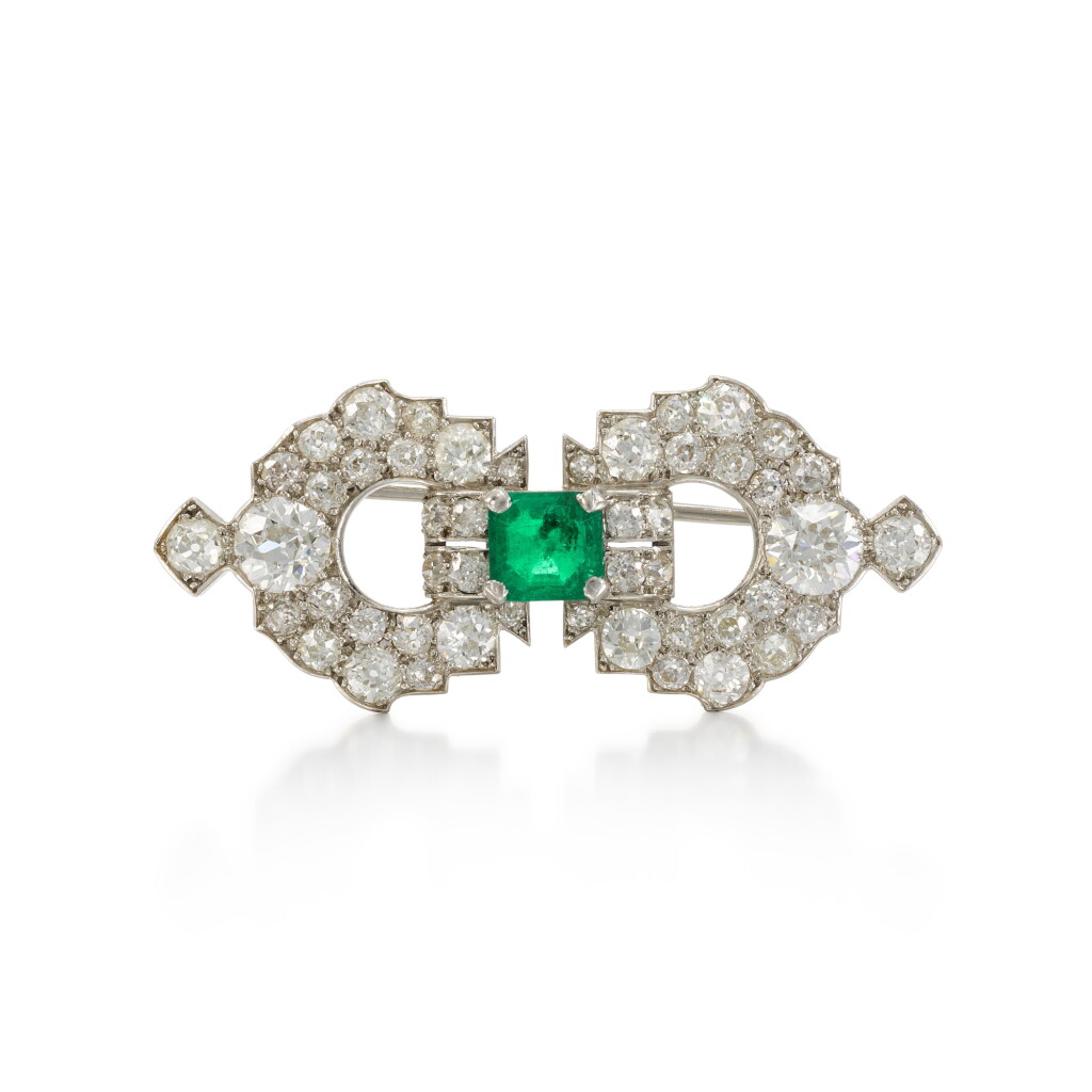View full screen - View 1 of Lot 108. Emerald and diamond brooch, circa 1925.