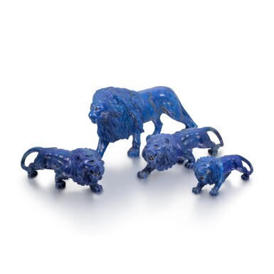 View full screen - View 1 of Lot 95. Five jewelled carved hardstone figures of prowling lions, late 20th century .
