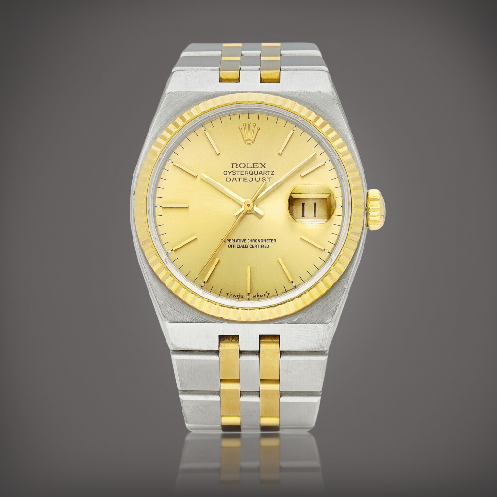 View full screen - View 1 of Lot 8734. Oysterquartz DateJust, Reference 17013 | A yellow gold and stainless steel wristwatch with date and bracelet, Circa 1991 | 勞力士 | Oysterquartz DateJust 型號17013 | 黃金及精鋼鏈帶腕錶,備日期顯示,約1991年製.