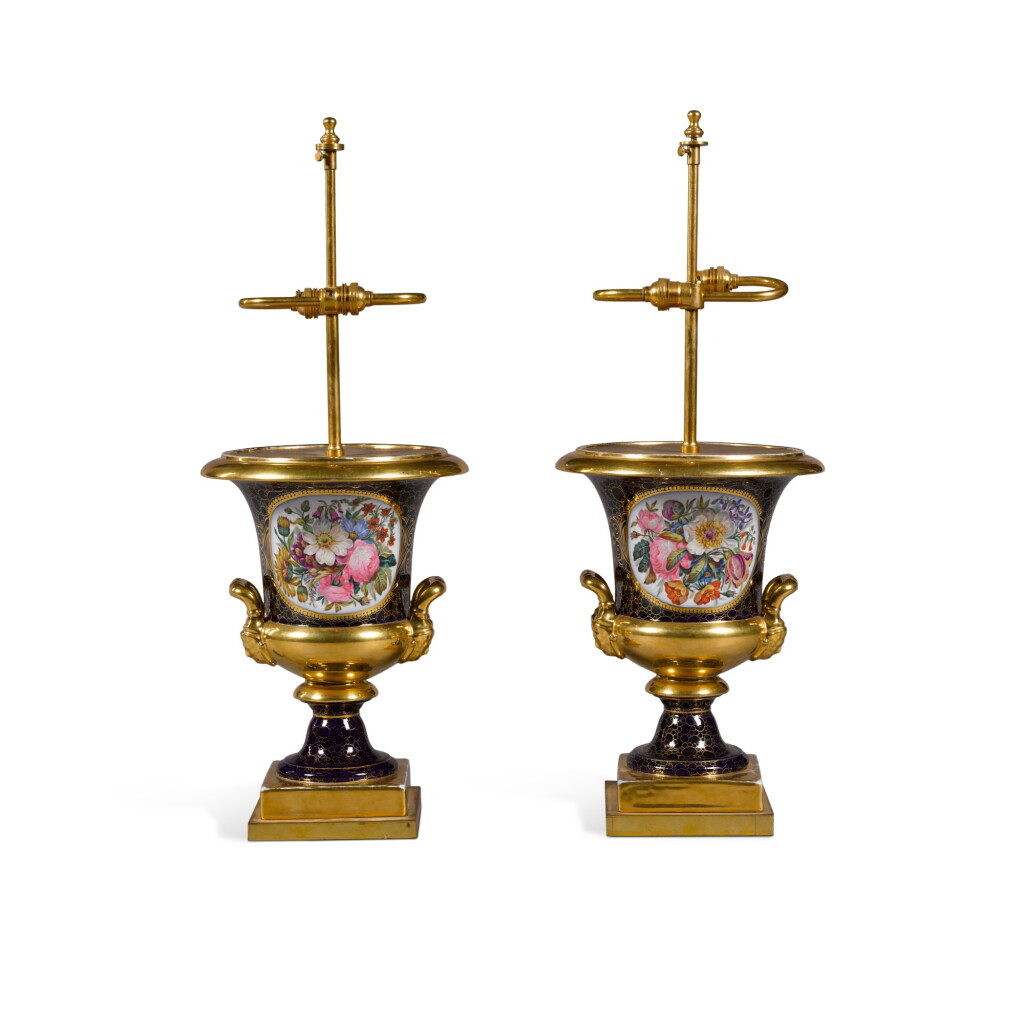 View full screen - View 1 of Lot 144. A pair of porcelain armorial blue ground campana-shaped vases, second quarter 19th century, attributed to Brussels.