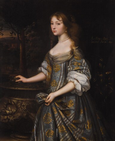 View full screen - View 1 of Lot 38. Portrait of Jane Monins (c.1640-99), three-quarter length, in a blue and gold dress.