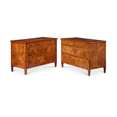 View full screen - View 1 of Lot 556. A Pair of Italian Neoclassical Fruitwood Inlaid Walnut Commodes, Late 18th Century.