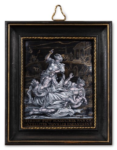 View full screen - View 1 of Lot 1364. A Limoges grisaille painted enamel plaque depicting The Massacre of the Innocents, 20th century.