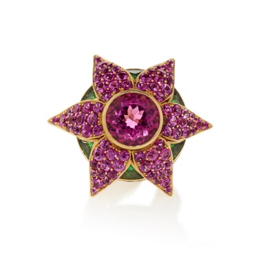 View full screen - View 1 of Lot 65. Pink tourmaline, pink sapphire and tsavorite ring.