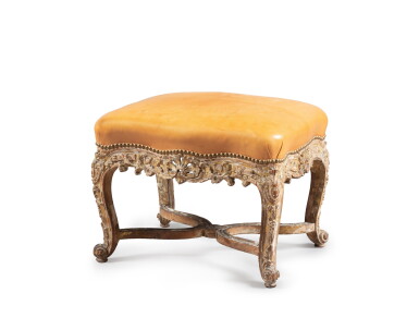 View full screen - View 1 of Lot 33. A giltwood stool, French Regence style, circa 1725 | Tabouret en bois sculpté et doré, de style Régence, vers 1725.