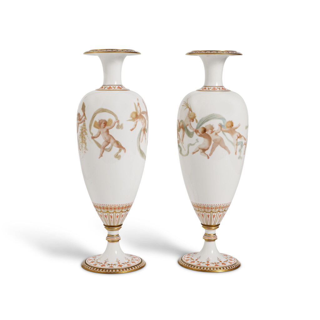 View full screen - View 1 of Lot 122. A pair of Sèvres (Third Republic) White-Ground Vases, 'vases Stephanus', Circa 1886.