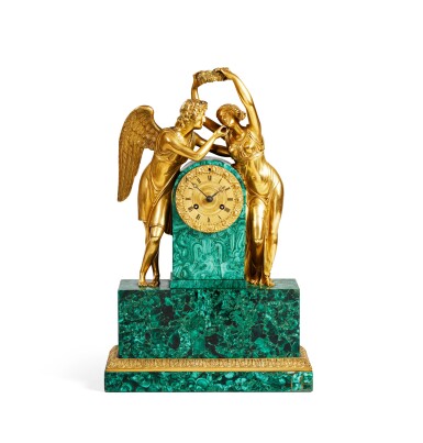 View full screen - View 1 of Lot 169. A Russian gilt-bronze malachite mantel clock, early 19th century | Pendule en bronze doré et malachite, Russie, début du XIXème siècle.