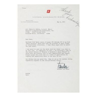 View full screen - View 1 of Lot 103. WERNHER VON BRAUN. TYPED LETTER SIGNED FROM VON BRAUN TO APOLLO 11 LMP BUZZ ALDRIN, 6 MAY 1975.