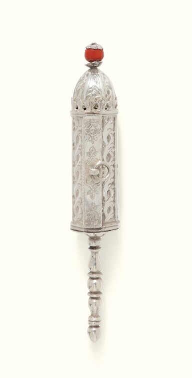 View full screen - View 1 of Lot 10. A SILVER MINIATURE ESTHER SCROLL CASE, BAGHDAD OR INDIAN IN BAGHDADI STYLE, LATE 19TH - EARLY 20TH CENTURY.