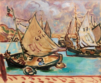 View full screen - View 1 of Lot 166. LOUIS VALTAT | BARQUES À PORT EN BESSIN.