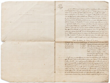 View full screen - View 1 of Lot 124. COMMANDAIRE DE TARADEAU. Manuscrit "Expédition de terre neuve en 1762". Manuscrit. 12 p. en un cahier in-folio..
