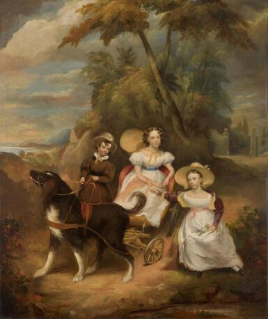 View full screen - View 1 of Lot 90. Portrait of three children, possibly the Mcgillycuddy family, with a dog cart in a landscape.