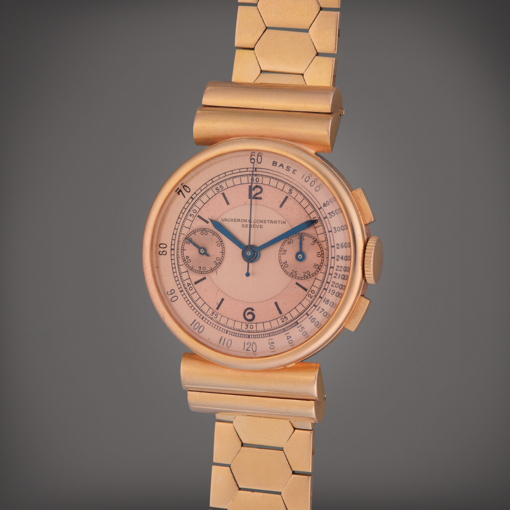 View full screen - View 1 of Lot 99. Reference 4083 | A pink gold chronograph wristwatch with bracelet, Circa 1940.