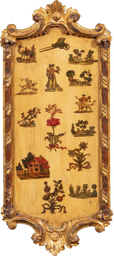 View full screen - View 1 of Lot 10. A set of six Italian gilt and painted wood decorative panels, Genoa, circa 1770 | Six panneaux décoratifs en bois peint et bois doré, Gênes, vers 1770.