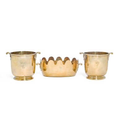 View full screen - View 1 of Lot 23. A French brass Monteith and pair of brass bottle coolers, circa 1770.