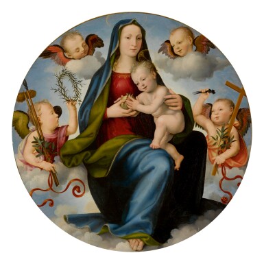 View full screen - View 1 of Lot 17. Sold Without Reserve | MARIOTTO DI BIAGIO DI BINDO ALBERTINELLI | MADONNA AND CHILD ENTHRONED IN THE CLOUDS, SURROUNDED BY TWO ANGELS HOLDING INSTRUMENTS OF THE PASSION AND TWO CHERUBIM.