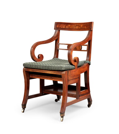 View full screen - View 1 of Lot 165. A George III mahogany library armchair in the manner of Morgan & Sanders, circa 1810 | Fauteuil de bibliothèque en acajou, à la façon de Morgan & Sanders, d'époque George III, vers 1810.