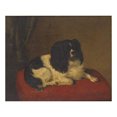 View full screen - View 1 of Lot 104. CONTINENTAL SCHOOL, 19TH CENTURY | CAVALIER KING CHARLES SPANIEL ON A RED PILLOW.