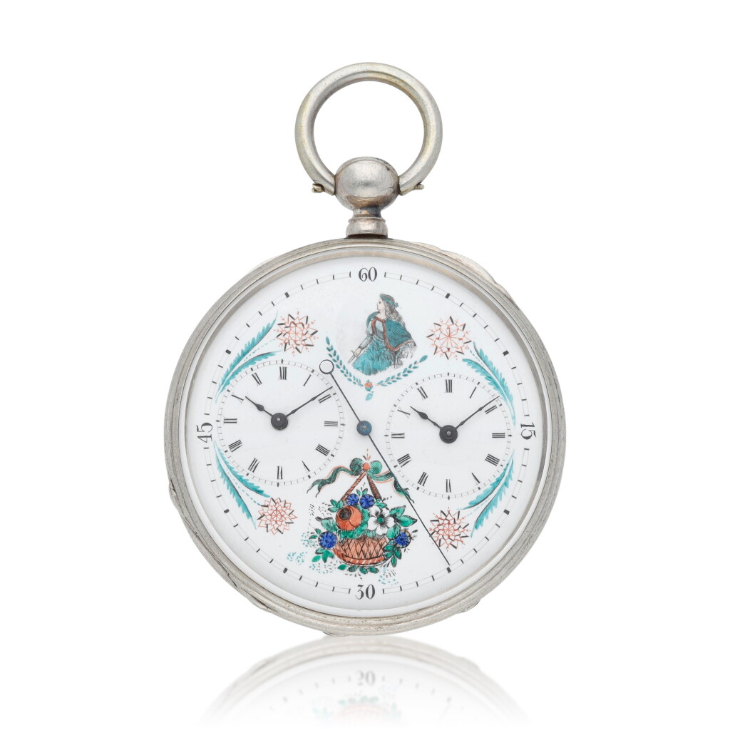 View full screen - View 1 of Lot 93. An interesting and unusual silver open-faced dual time zone watch, the movement incorporating separate cylinder and lever escapements Circa 1870.