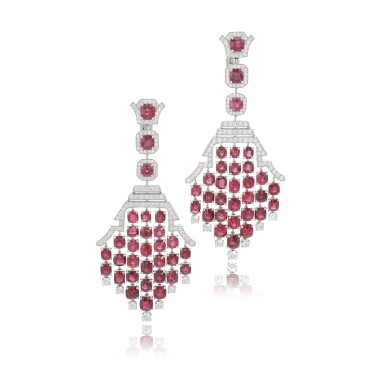 View full screen - View 1 of Lot 923. Pair of spinel and diamond pendent ear clips.