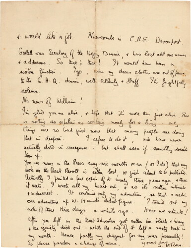 View full screen - View 1 of Lot 97. LAWRENCE | Autograph letter signed, to Leeson, reflecting on the Arab Revolt, 4 February 1923.