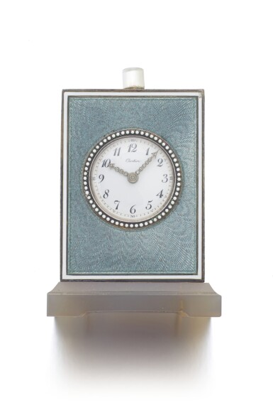 View full screen - View 1 of Lot 20. ENAMEL, AGATE, SAPPHIRE AND DIAMOND PETITE SONNERIE QUARTER REPEATING DESK CLOCK | CARTIER, EARLY 20TH CENTURY.