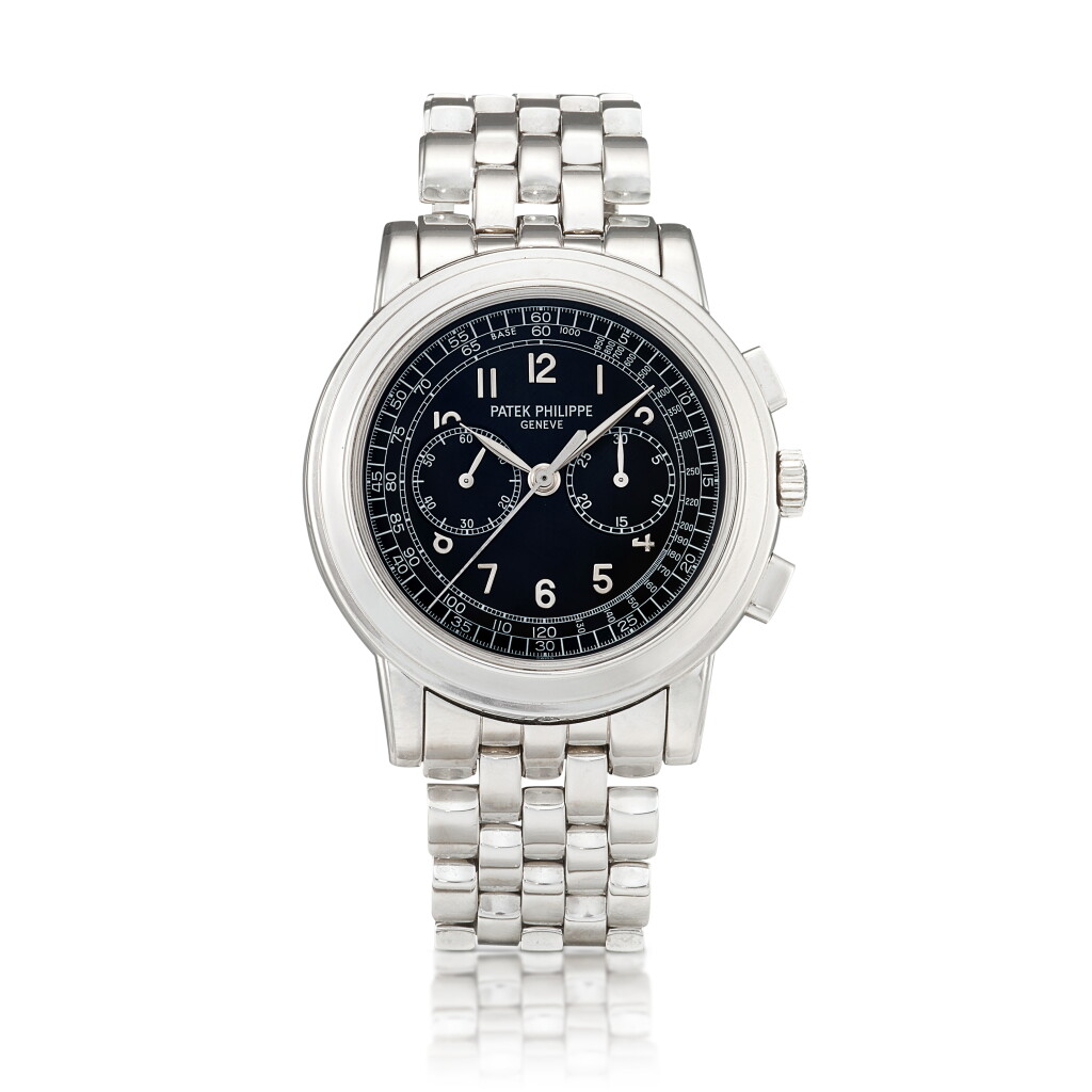 View full screen - View 1 of Lot 2223. Reference 5070 | A possibly unique and heavy platinum chronograph wristwatch with black dial and bracelet, Circa 2012 | 百達翡麗 | 型號5070 | 獨特鉑金計時鏈帶腕錶,備黑色錶盤,約2012年製.