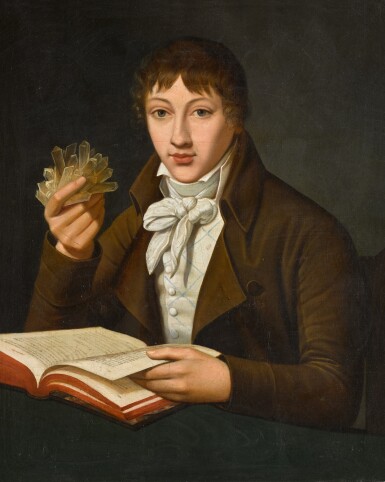 View full screen - View 1 of Lot 180. Portrait of a young mineralogist, holding a quartz specimen.