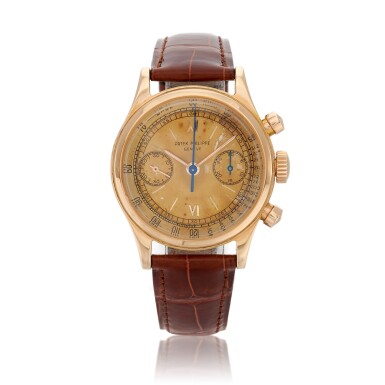 View full screen - View 1 of Lot 78. 'Tasti Tondi', Ref. 1463, Pink gold chronograph wristwatch Circa 1955 | 百達翡麗 | 1463型號「Tasti Tondi」粉紅金計時腕錶,約1955年製.