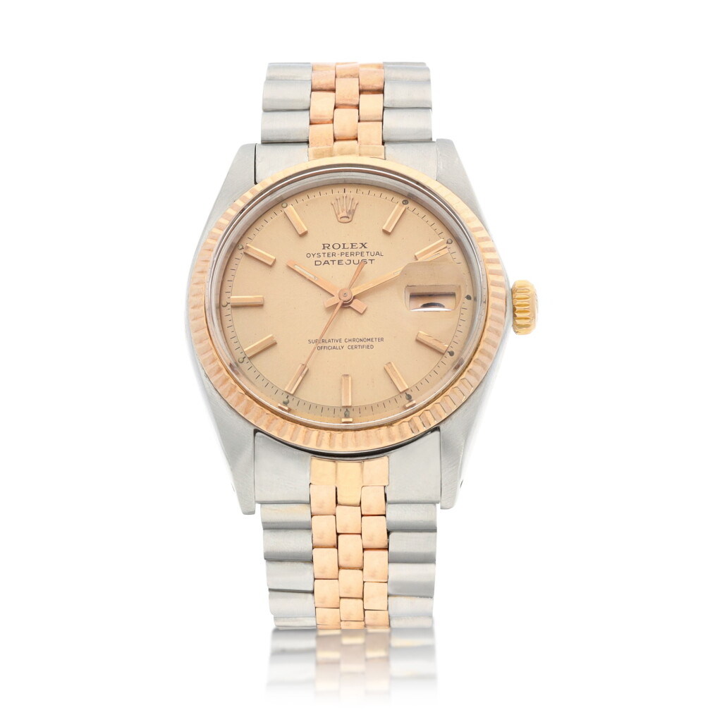 View full screen - View 1 of Lot 8034. Rolex | DateJust, Reference 1601, A pink gold and stainless steel wristwatch with date and bracelet, Circa 1968 | 勞力士 | DateJust 型號1601 粉紅金及精鋼鏈帶腕錶,備日期顯示,約1968年製.