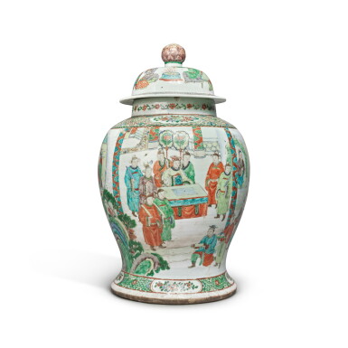 View full screen - View 1 of Lot 609. A large famille-verte 'figural' jar and cover, Qing dynasty, 18th / 19th century | 清十八 / 十九世紀 粉彩人物故事圖大蓋罐.