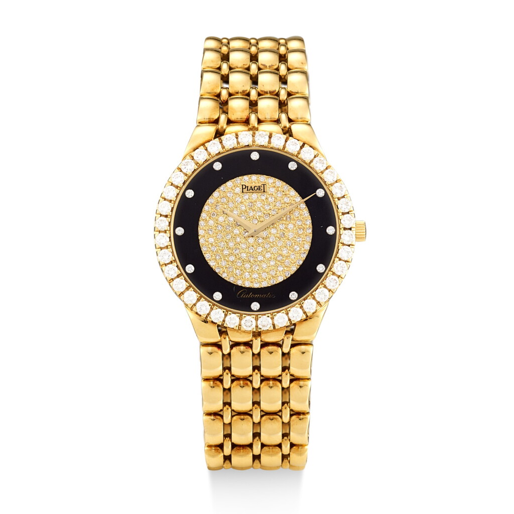 View full screen - View 1 of Lot 108. PIAGET | REFERENCE 12336 K61 S, A YELLOW GOLD AND DIAMOND-SET BRACELET WATCH WITH ONYX DIAL, CIRCA 2000.