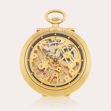 View full screen - View 1 of Lot 68. Reference 16180 | A skeletonized yellow gold plated open faced watch with folding stand, Circa 1995.