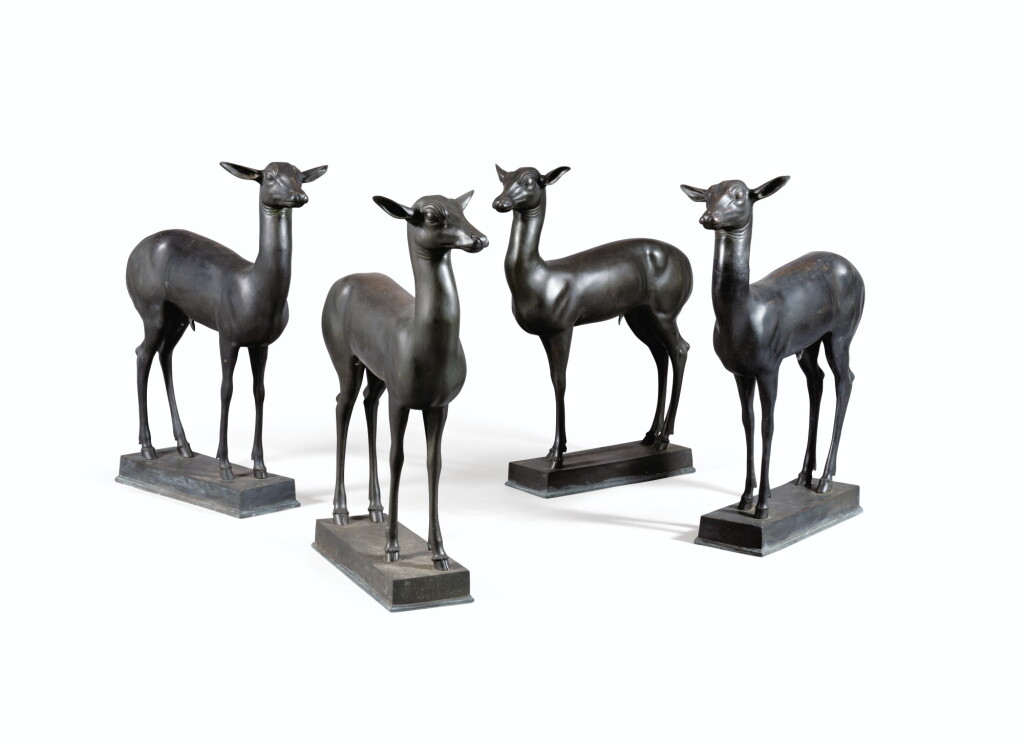 View full screen - View 1 of Lot 9. A SET OF FOUR PATINATED BRONZE FALLOW DEER, AFTER AN ANTIQUE MODEL OF NAPLES NATIONAL ARCHAEOLOGICAL MUSEUM | SUITE DE QUATRE DAIMS EN BRONZE À PATINE BRUNE, D’APRÈS UN MODÈLE ANTIQUE CONSERVÉ AU MUSÉE NATIONAL D’ARCHÉOLOGIE DE NAPLES.