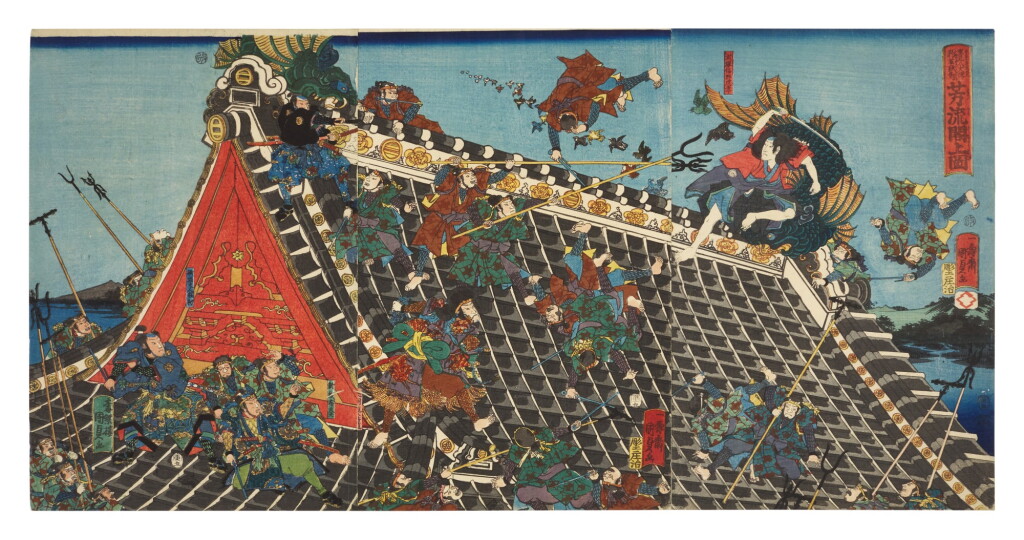 View full screen - View 1 of Lot 73. Utagawa Kunisada II (1823-1880) | On the Roof of the Horyukaku from the Book The Eight Dog Heroes of Satomi (Satomi hakkenden inu no soshi no uchi, Horyukaku-jo no zu) | Edo period, 19th century.