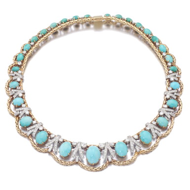 View full screen - View 1 of Lot 54. TURQUOISE AND DIAMOND NECKLACE, CIRCA 1950.